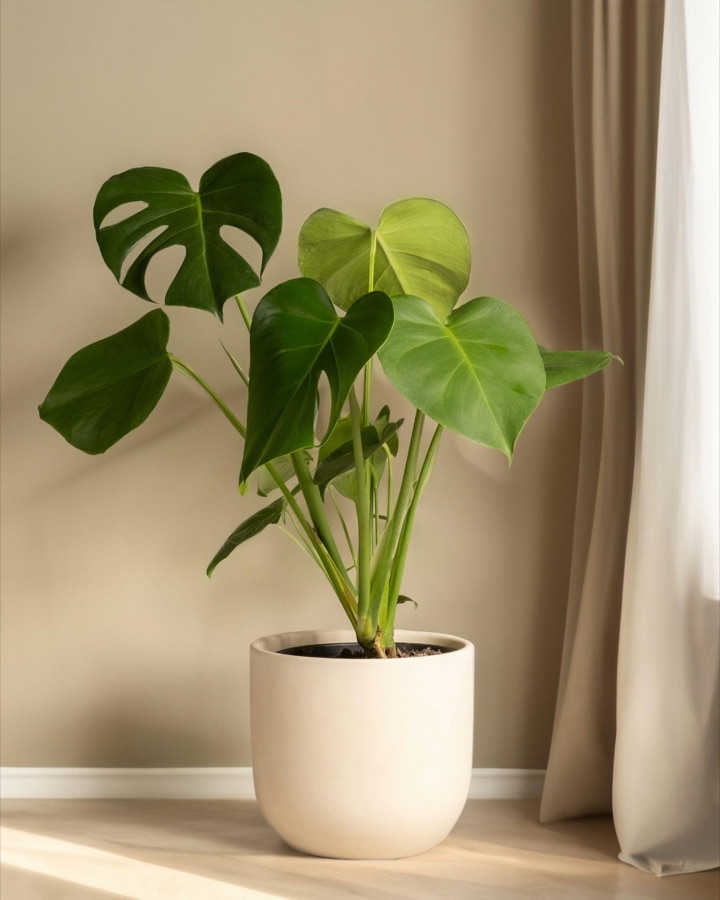 Monstera in a cream pot beside a sunlit window
